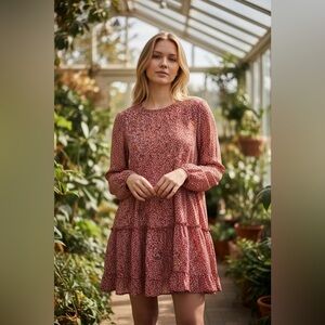 NWOT Temofon Ditsy Floral Burgundy Peasant Lightweight Mini Dress Sz L